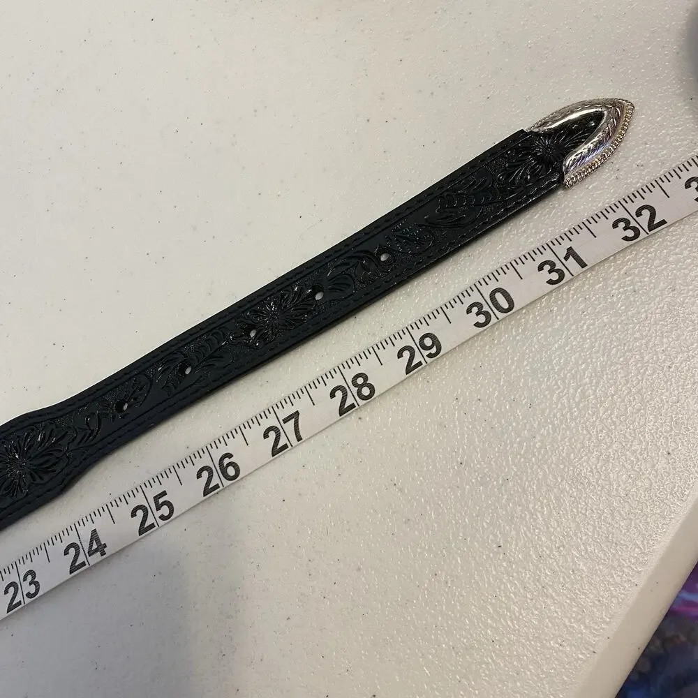 Ranger Belt Company Genuine Handtooled Leather Belt 26 WB341 Black Silver Accent